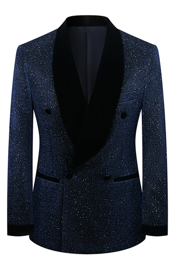 Sparkly Navy Shawl Lapel 2 Pieces Slim Fit Men Formal Suits